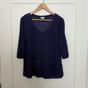 J Jill Sweater Top Womens Sz S Navy Blue Thin Knit 3/4 Sleeves Linen Blend